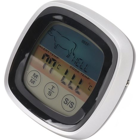 Thermomètre de cuisine tactile avec affichage numérique et minuteur, thermomètre de terrain pour barbecue, noir avec cadre central argenté (1/5)