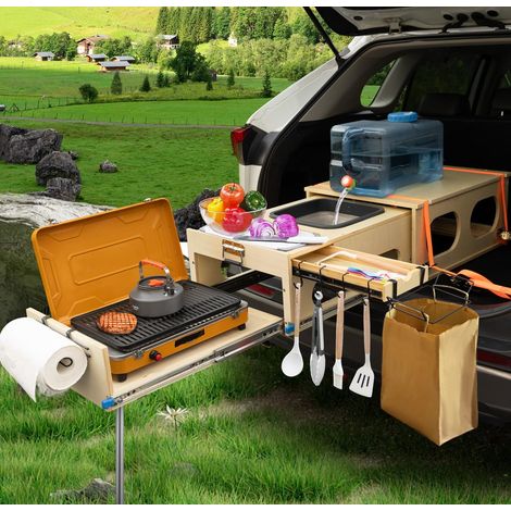 Cuisine de camping pliable avec évier, boîte de cuisine camping, espace de rangement et espace pour 2 brûleurs, côté gauche, côté conducteur, montage rapide en 1 min (1/5)