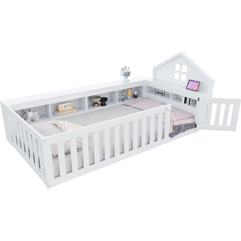 Lit enfant en bois blanc 90x200 cm avec rangements, barrière de sécurité et sommier à lattes inclus (1/5)