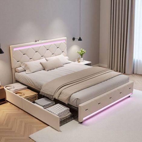 Cama 160x200 cm - 250402HXF - USB - LED - Terciopelo - cama doble - marco de cama para adultos 160x200 cm - beige (1/5)
