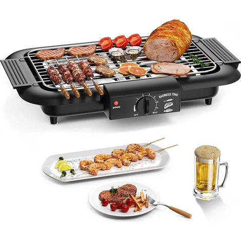 Barbecue électrique, barbecue intérieur/extérieur antiadhésif sans fumée, double tube 2000 W, portable, haute puissance, amovible, pour barbecue (noir) (1/5)