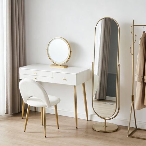 Coiffeuse avec miroir LED, 3 tiroirs et chaise, blanc et doré, 100 x 40 x 122 cm (1/5)