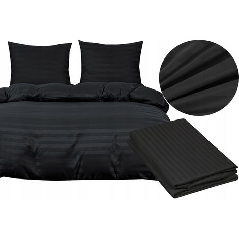 Damast-Hotelbettwäsche mit Streifenmuster, 200 x 220 cm + 2 Kissenbezüge + schwarzes Spannbettlaken (1/5)
