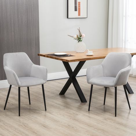 Juego de 2 sillas de comedor tapizadas de estilo nórdico, sillas de cocina de tela, sillón tapizado con reposabrazos y patas de acero para sala de estar, 54x57x80 cm, gris claro