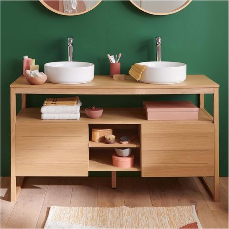 Meuble ATOLL double 140cm chêne avec vasques rondes blanches
