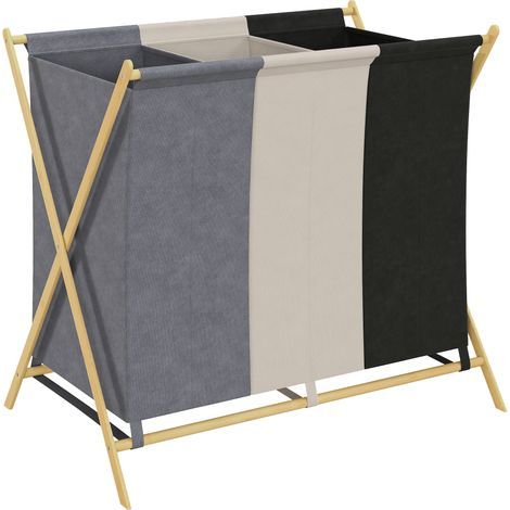 Panier à linge à 3 compartiments, 129 L, pliable, pour buanderie ou chambre, multicolore (1/5)