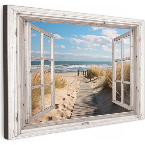 CUADRO EN LIENZO Ventana - Mar - Costa - Naturaleza - vista - Playa - Mar de Wadden Adornos Pared 60x40 cm