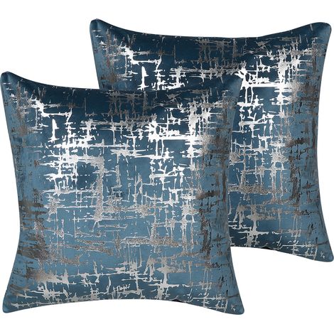 Conjunto de 2 cojines de terciopelo azul plateado patrón metálico 45 x 45 cm efecto craquelado glamour Gardenia