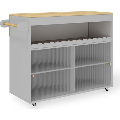Carro isla de cocina plegable 122 x 46 x 91 cm gris con encimera efecto roble (1/5)