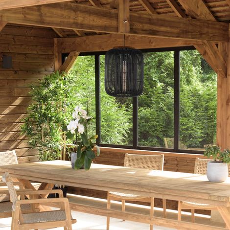 SIXTINE - Suspension 35x35cm en bois de teck et rotin couleur noire (1/5)