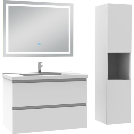 Ensemble meuble de salle de bain 80cm, vasque céramique + colonne haut + LED miroir mural, blanc