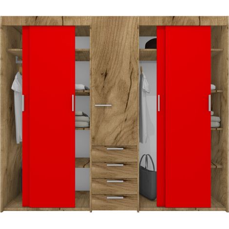 Armadio scorrevole L.225 cm con cassettiera centrale integrata - Quercia e Rosso