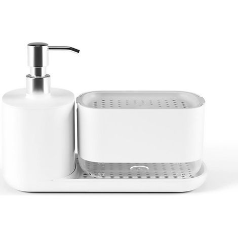 Distributeur de savon liquide sur comptoir, pompe à pression, support de rangement, blanc (1/5)