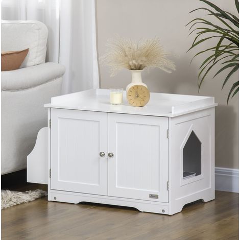 Mueble para arenero de gato 86×48×52 cm MDF blanco con separador ajustable – MEUBLIV (1/5)