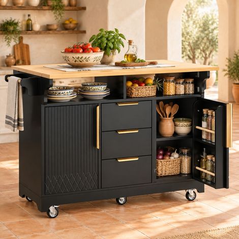 Isla de cocina con ruedas y mesa abatible, 3 cajones, negra OKMYHOME (1/5)