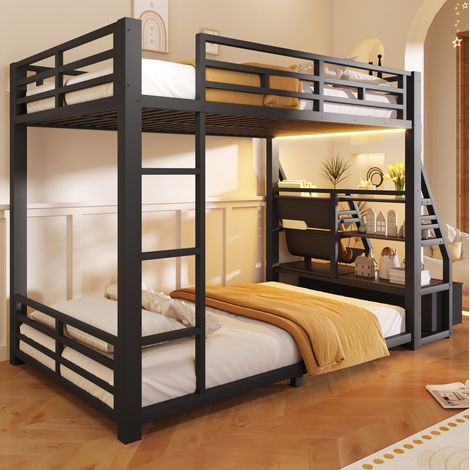 Cama litera metálica 232x95x145 cm, con iluminación LED, 2 cajones de tela, madera y metal, negro (1/5)