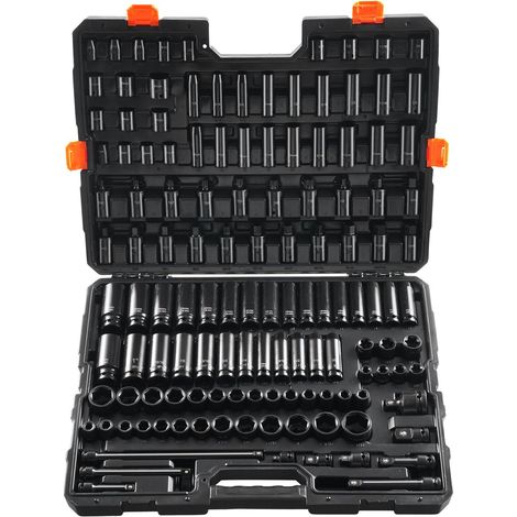 Coffret de douilles à choc 130 pièces 3/8" et 1/2" - Entraînement SAE et métrique - 6 pans en acier allié Cr-Mo pour la réparation automobile - Marquages de taille faciles à lire - Coffret de rangemen (1/5)