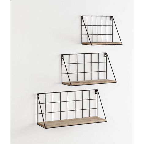 Set de 3 estantes de pared Amede metal negro y madera de Paulownia