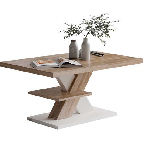 Casaria – Table basse fixe 90x60x45cm – Plateau épais 50mm – Surface de rangement hydrofuge – Design moderne blanc chêne sonoma