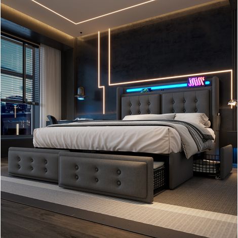 Cama doble tapizada con LED USB y 4 cajones gris OKMYHOME (1/5)