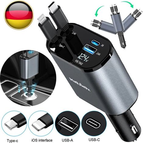 Chargeur allume-cigare USB rapide 120W, chargeur voiture 4 ports avec câble rétractable Type-C Lightning, 12V 24V, rotation 180° (1/5)