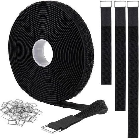 Sangles Velcro de 2,5 cm x 10 m avec 50 boucles métalliques, attaches de câble réutilisables et découpables, sangles de fixation réglables, sangle de fixation en nylon, 2,5 cm de large, noir - 2,5 x 1 (1/5)