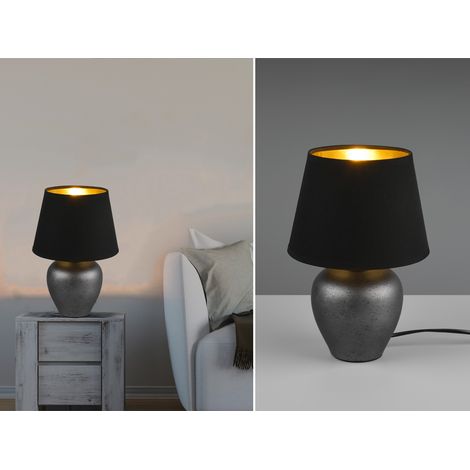 Kleine Tischlampe ABBY mit Keramikfuß & Stoffschirm Schwarz Gold, Höhe 26cm