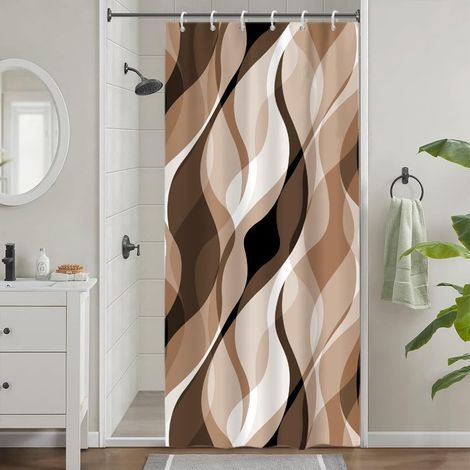 1 Rideau de douche, 90x180cm, Tissu polyester imperméable, Motif rayé abstrait marron, Avec 6 crochets, Pour salle de bain (1/5)