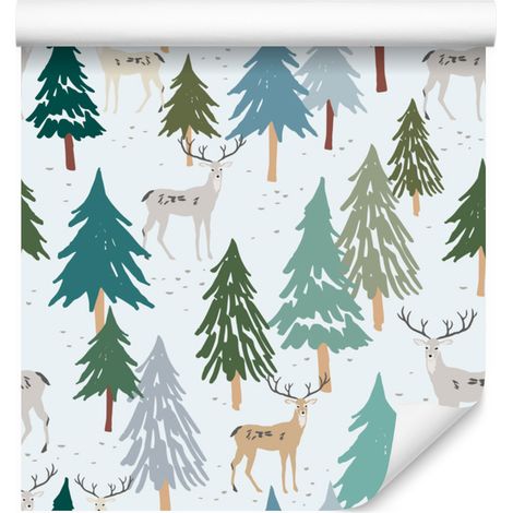 Papel pintado con árboles, animales verdes y bosque para salón y dormitorio, 50x1000 cm. (1/5)