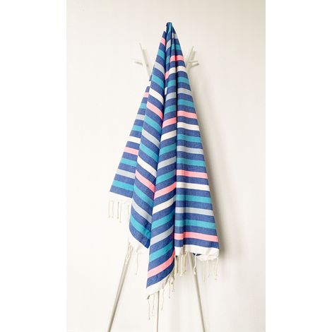 Fouta 100x200 indigo, rose, bleu, gris, blanc - coton - franges (1/2)