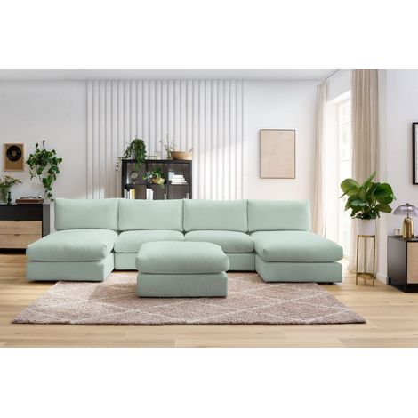 BOBOCHIC - Canapé panoramique fixe 100% modulable PARIS tissu bouclette avec 2 chauffeuses, 2 méridiennes, 1 pouf Panoramique Vert (1/5)