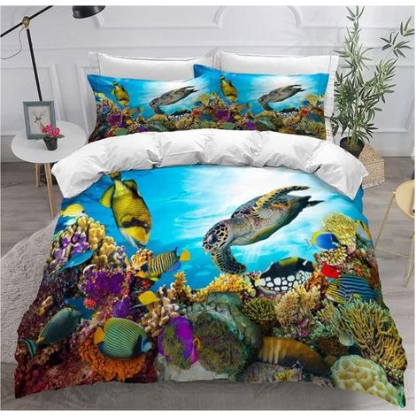 3D mer Animaux literie Set,Dauphin,Poisson Tropical,Corail,Vie Marine Housse de Couette,tortue de mer 90x190cm - 546 (1/4)
