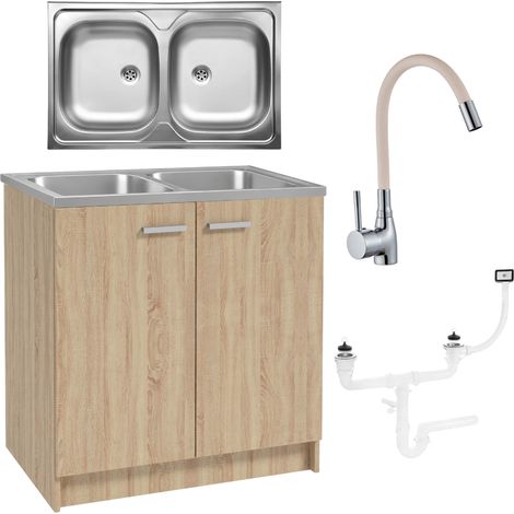 Küchenschrank 80 cm - Sonoma Eiche - Doppelwaschbecken - Elegantes Design - Flexibler Wasserhahn (1/5)