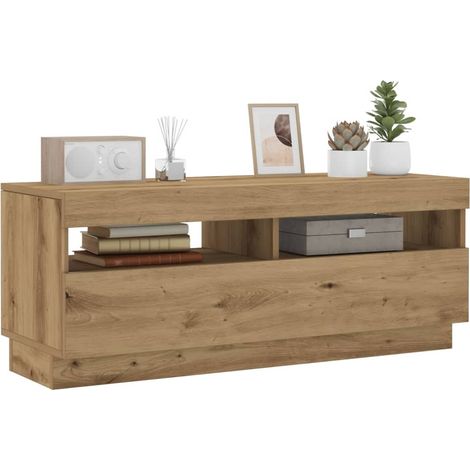 Maison Chic – Meuble TV avec lumière LED – Chêne artisanal en bois d'ingénierie – Dimensions 100 x 35 x 40 cm – 1 porte et 2 compartiments ouverts (1/5)