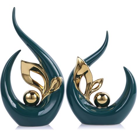Sculptures abstraites Vertes et dorées pour décoration d'intérieur, Statue d'art en céramique à Mettre sur des étagères et Un Meuble TV, décoration de Centre de Divertissement à Accentuation dorée (1/5)