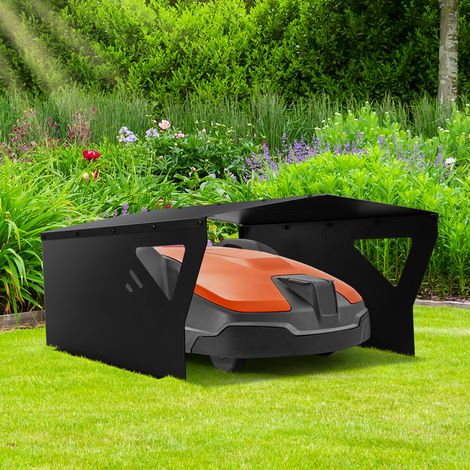 Randaco Schwarze Mähroboter Garage aus verzinktem Stahlblech – Dach Carport mit Überdachung und Wetterschutz für Rasenroboter und Automower