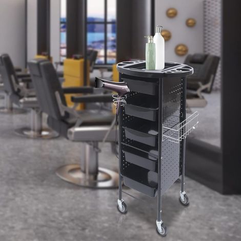 Chariot de rangement pour salon de coiffure, 6 étages, avec roulettes et 5 tiroirs, pour coiffure, coloration, noir