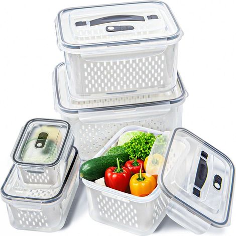 5 Aufbewahrungsboxen aus Kunststoff mit herausnehmbarem Siebeinsatz für den Kühlschrank, für Salat, Obst, Gemüse, zur besseren Organisation des Kühlschranks