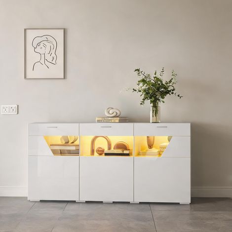Buffet 3 portes vitrées 160 cm finition brillant blanc (1/5)