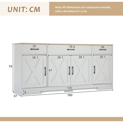 MEUBLIV Mueble TV blanco 160x37x75 cm en MDF – 3 cajones, 4 puertas, estilo industrial (1/5)