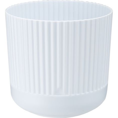 Maceta de plástico con platillo, tapa estilo retro, 14 cm, blanco mate, estampado de rayas. (1/4)