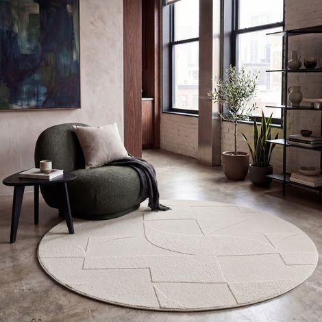 Paco Home Teppich Wohnzimmer Hochflor Skandi Muster Boho Optik Uni 3D Optik Abstrakt Creme 160 cm Rund