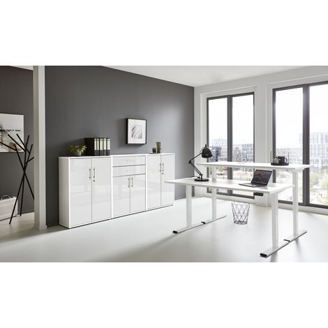 BMG Möbel Büromöbel-Set, e-Office Edition Set 15, Schreibtisch höhenverstellbar, 138 cm, weiß/ weiß hochglanz