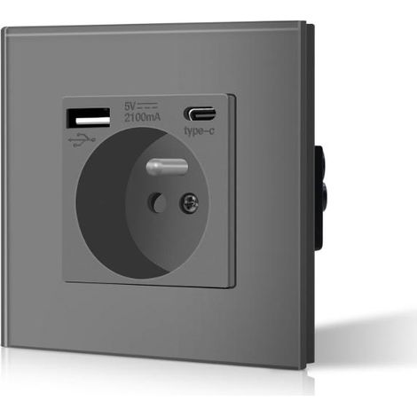 Prise murale française standard avec ports USB TypeC, boîtier PC gris, 16A, pour recharge et alimentation (1/5)