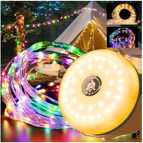 Guirlande lumineuse de camping 3 en 1, 10 m avec 100 LED, rétractable et enroulable, batterie 2800 mAh rechargeable par USB, 8 modes d'éclairage, étanche pour extérieur (1/3)
