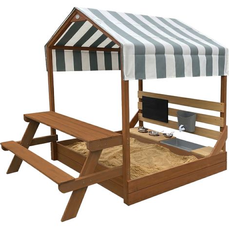 Axi Bo Bac À Sable Et Maisonnette En Bois - Avec Cuisine, Toit Et Table De Pique-Nique - Marron  Avec Accessoires 6 Pièces  Inclus Bâche De Sol  159 X 105 Cm