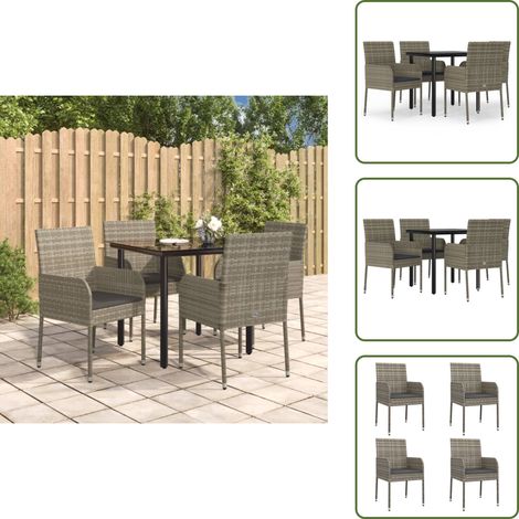Rattan - vidaXL Set da Pranzo Giardino 5pz Nero e Grigio con Cuscini Polyrattan - Acciaio
