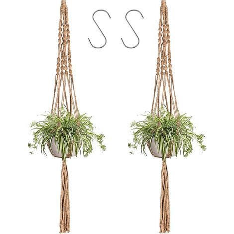 Macramé Pot Suspendu, Porte Pot de Fleurs Macramé Suspension Plante Macramé avec Frange pour Décoration Jardin Style Bohême 2 Pièces