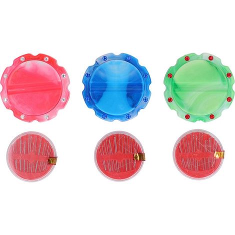 Lot de 3 coussins à épingles rose, bleu, vert, rond, plastique, aimanté, porte-aiguilles aspirant avec 48 aiguilles (1/5)