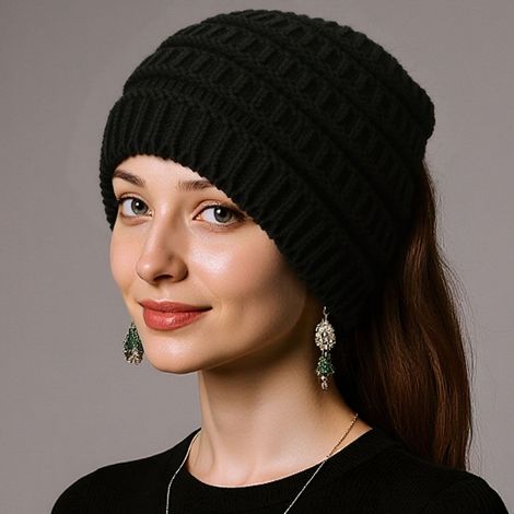 Chignon désordonné pour queue de cheval, bonnet côtelé d'hiver, bandeau, protection chaude pour les oreilles - bandeau en laine absorbante, noir (1/4)